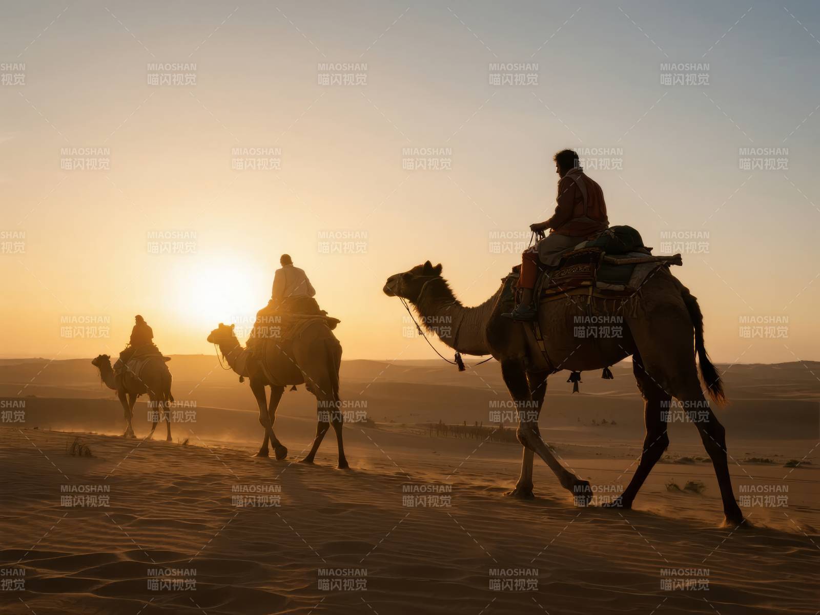 沙漠驼铃夕阳行图片