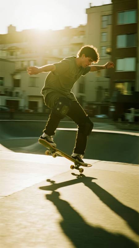 夕阳下的滑板少年图片