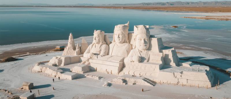 雪雕群像映湖光图片