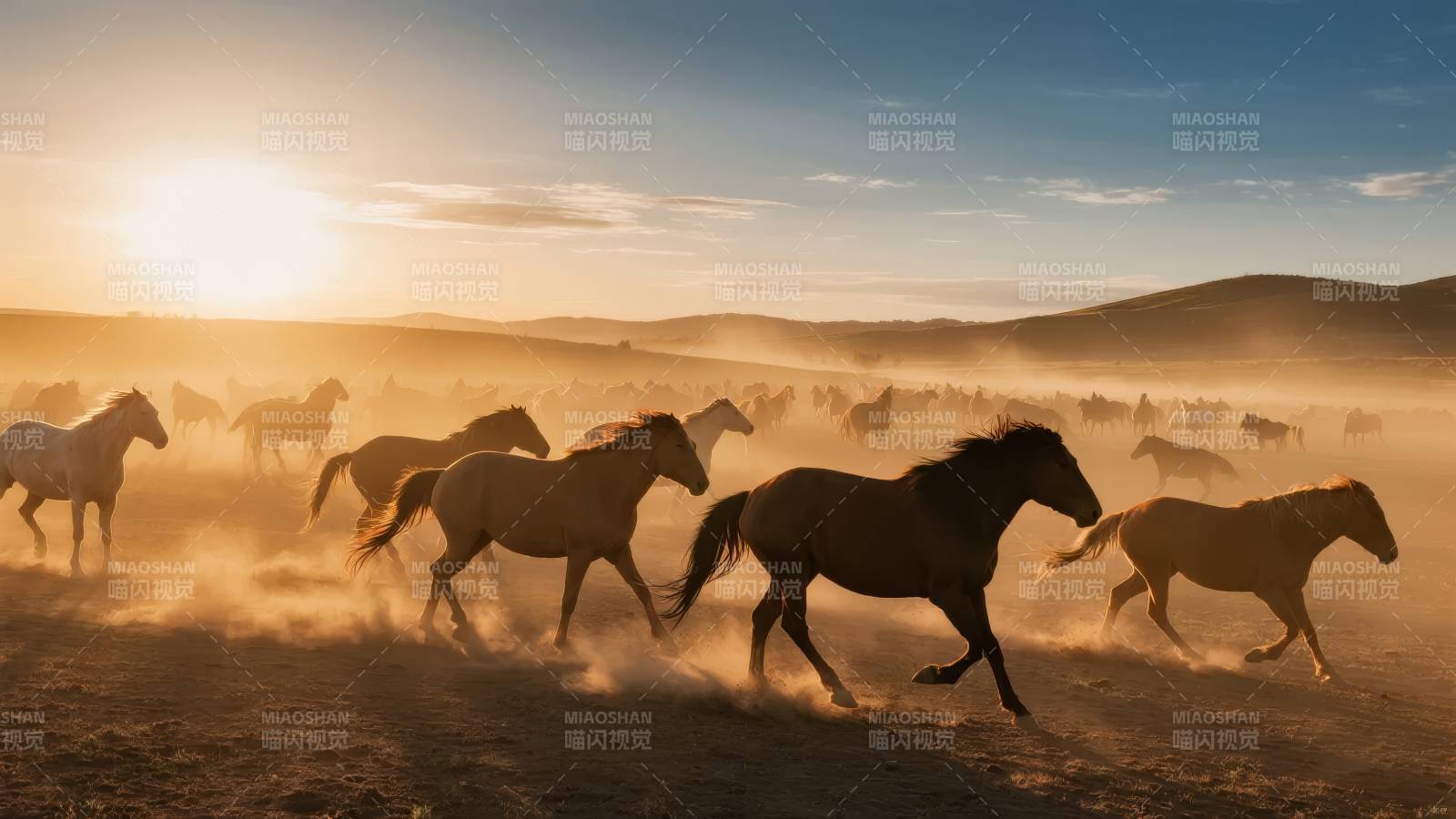 骏马奔腾夕阳下图片