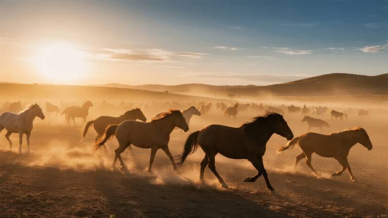 骏马奔腾夕阳下图片