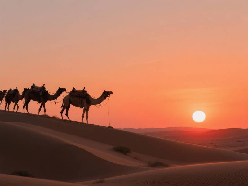 沙漠驼影夕阳图片
