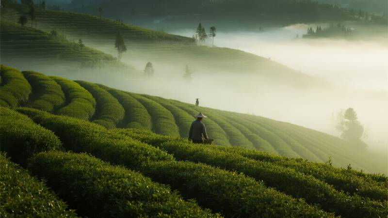 雾中茶山行者图片