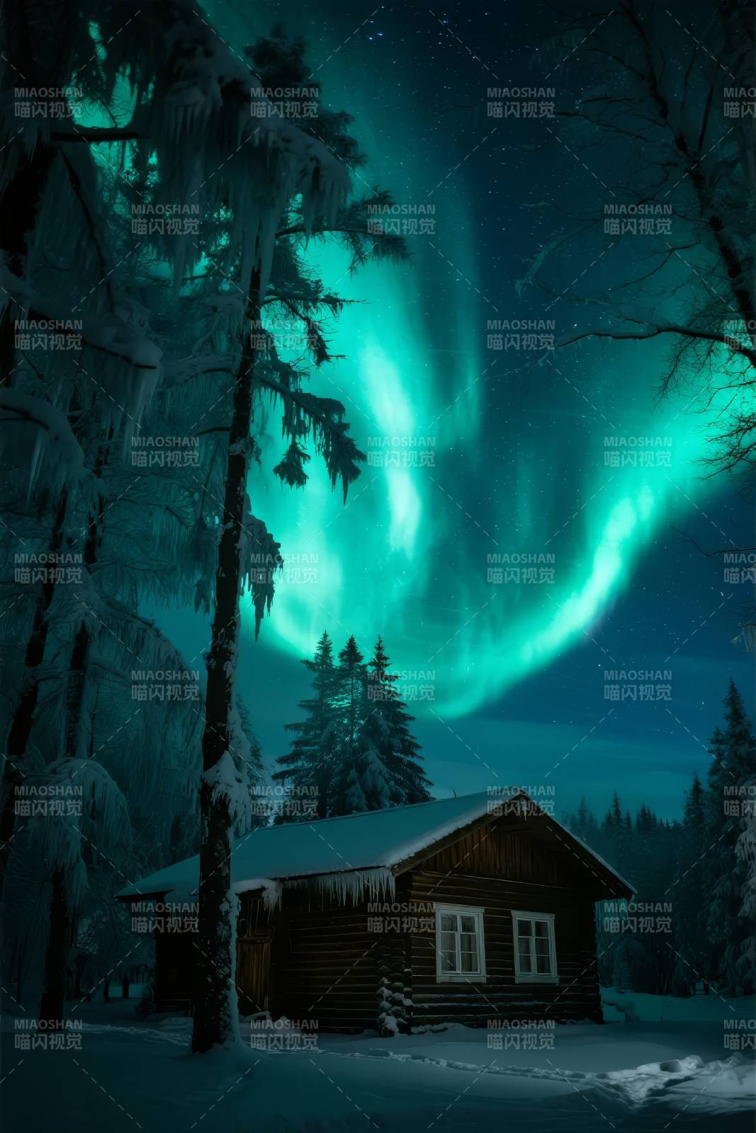 极光下的雪屋图片