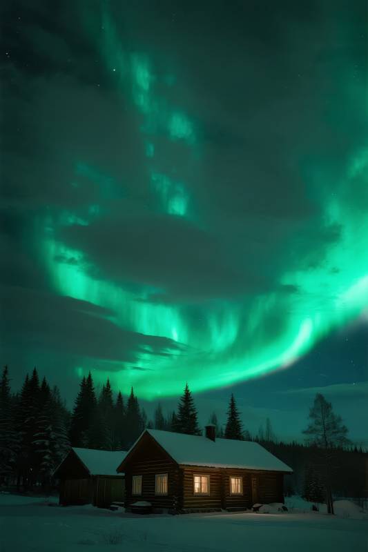 极光下的木屋图片
