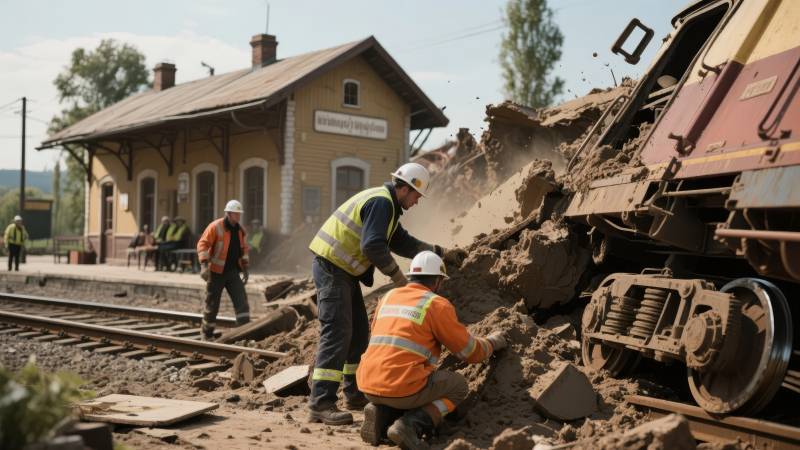 铁路工人清理塌方图片