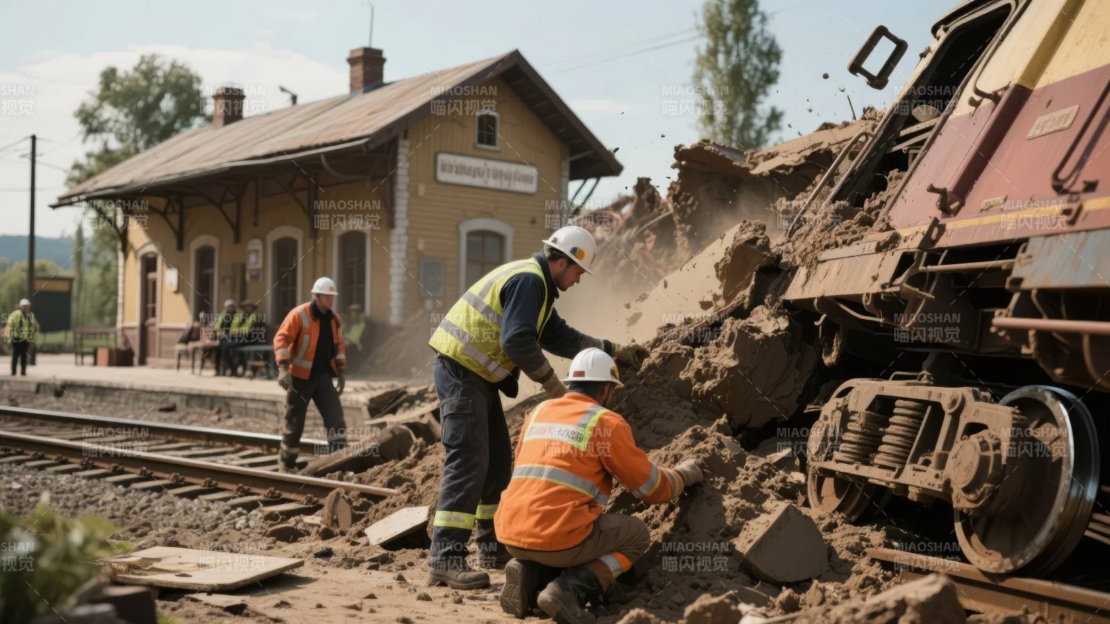 铁路工人清理塌方图片