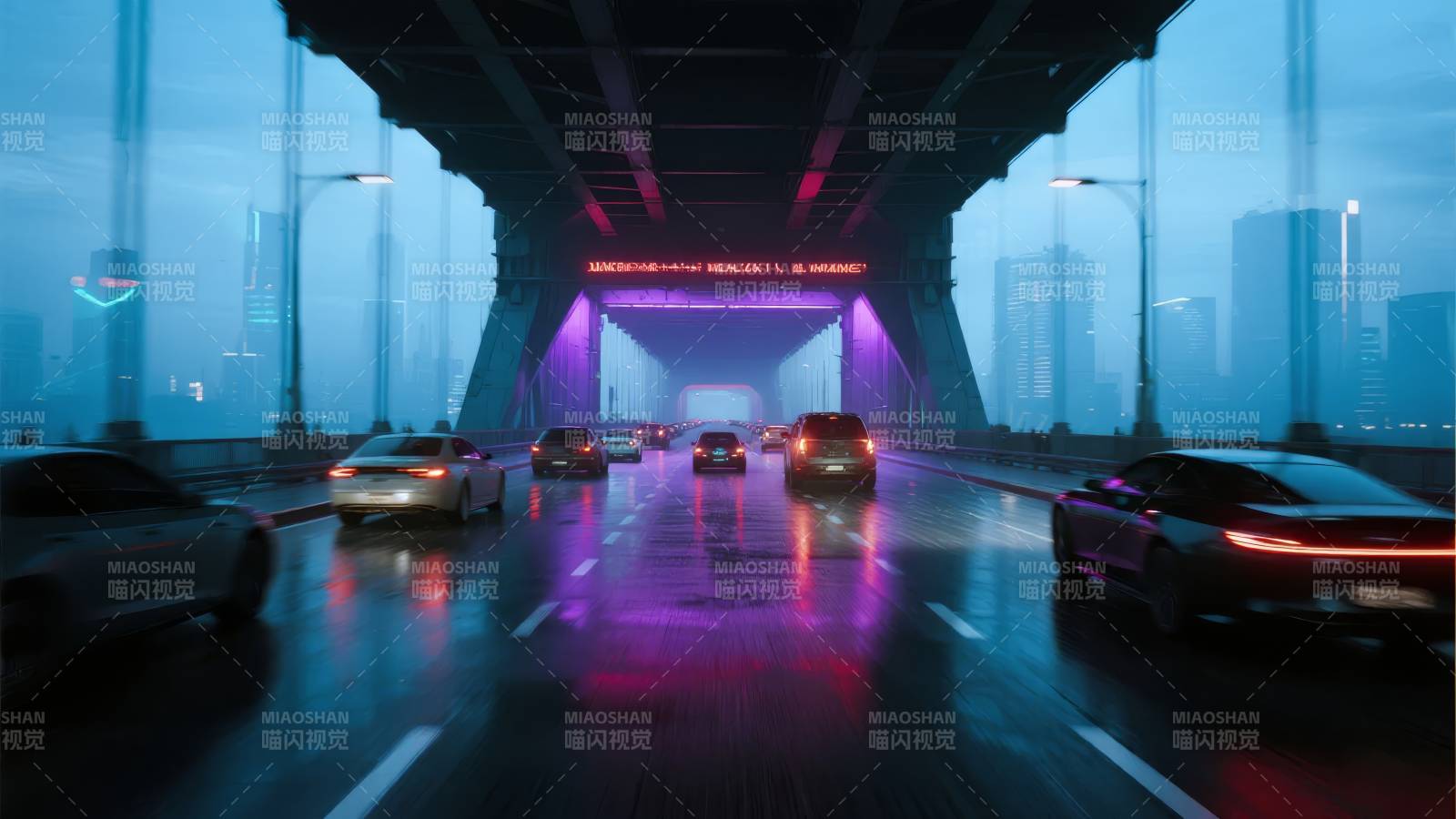 霓虹夜桥车流图片