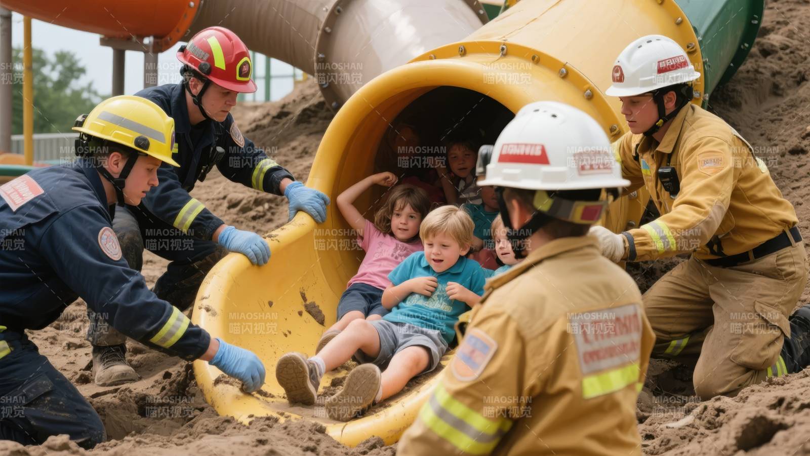 消防员救援滑梯儿童图片