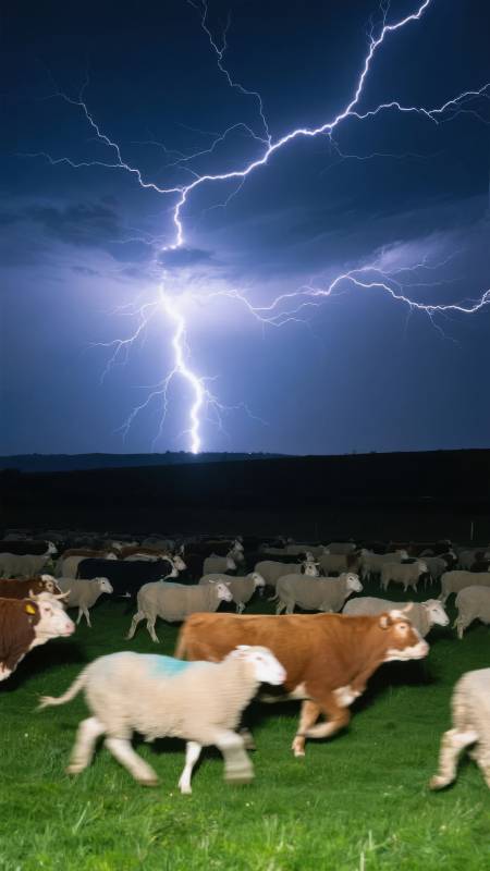 雷电下的羊群奔跑图片