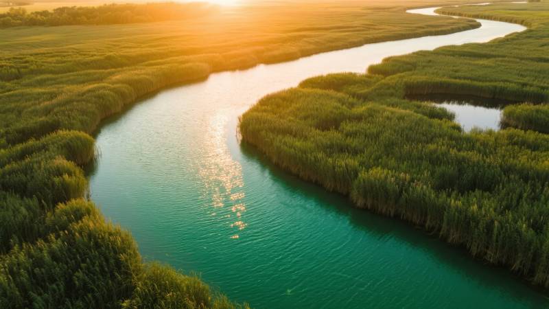 夕阳下的湿地河流图片