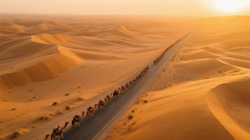 沙漠驼队行进图图片