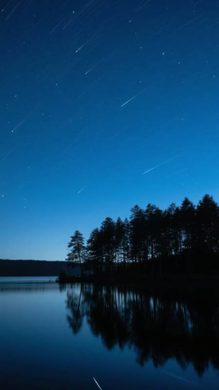 星轨映湖夜景图片