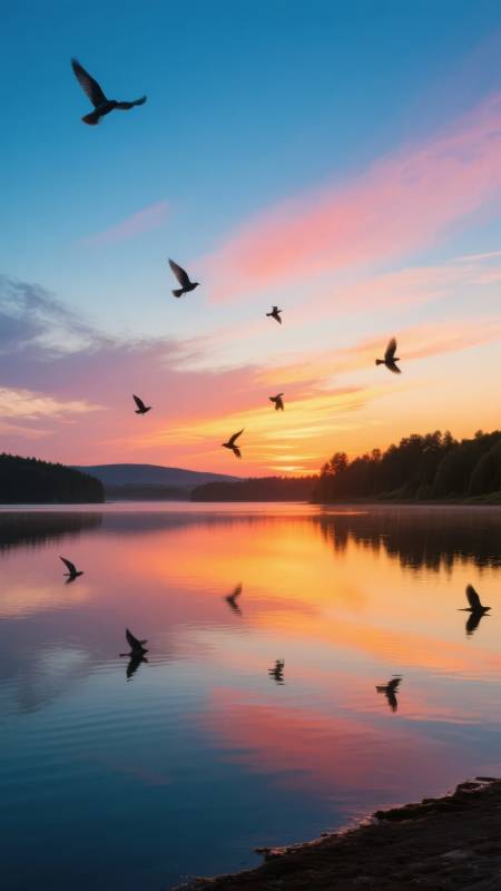 湖畔日落飞鸟图片