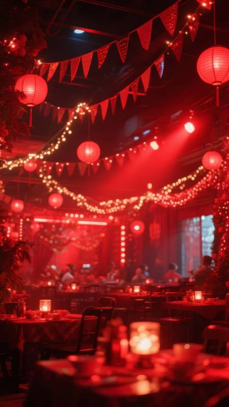 红灯映照宴席夜图片