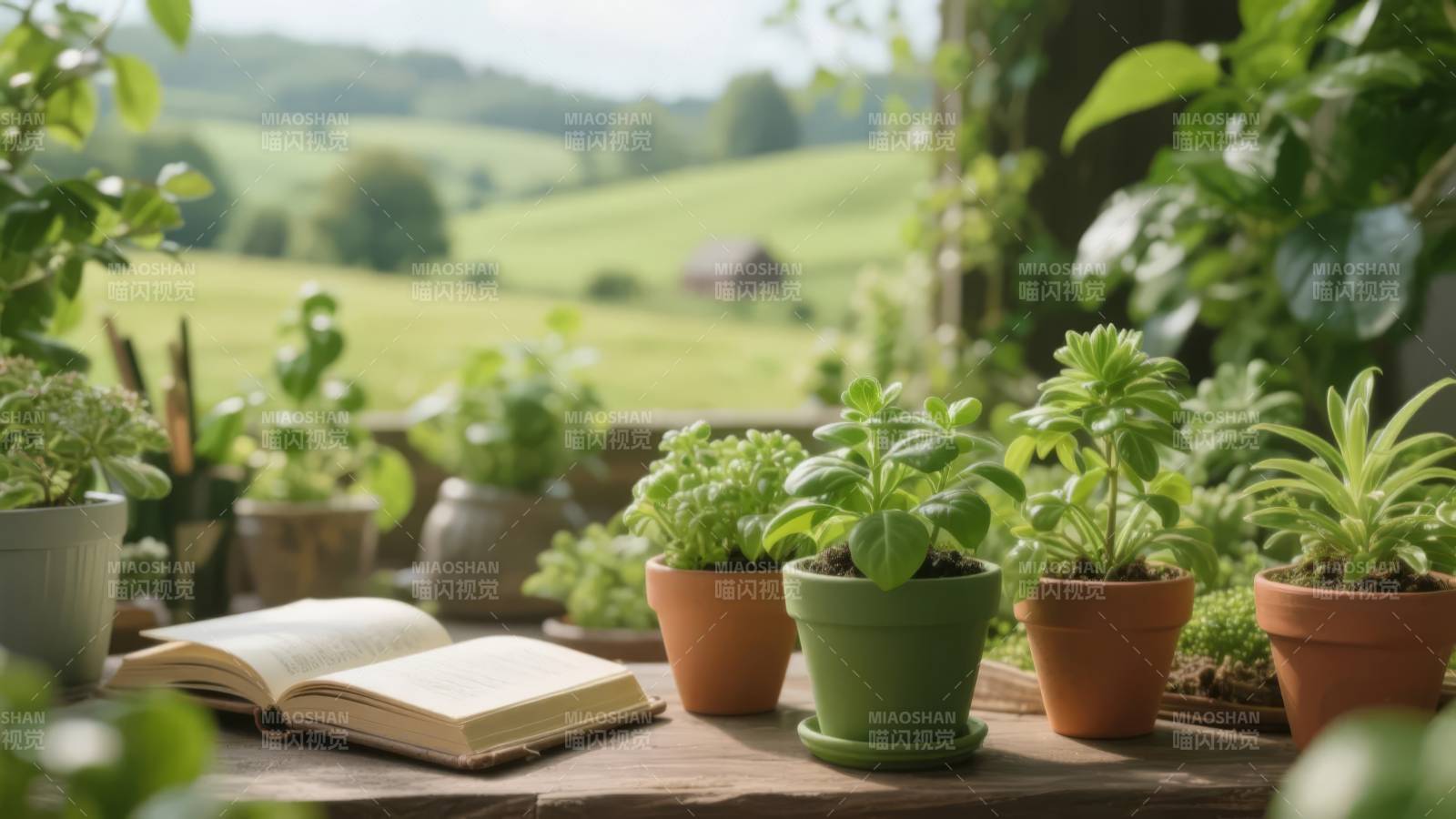 窗台绿植与书本图片