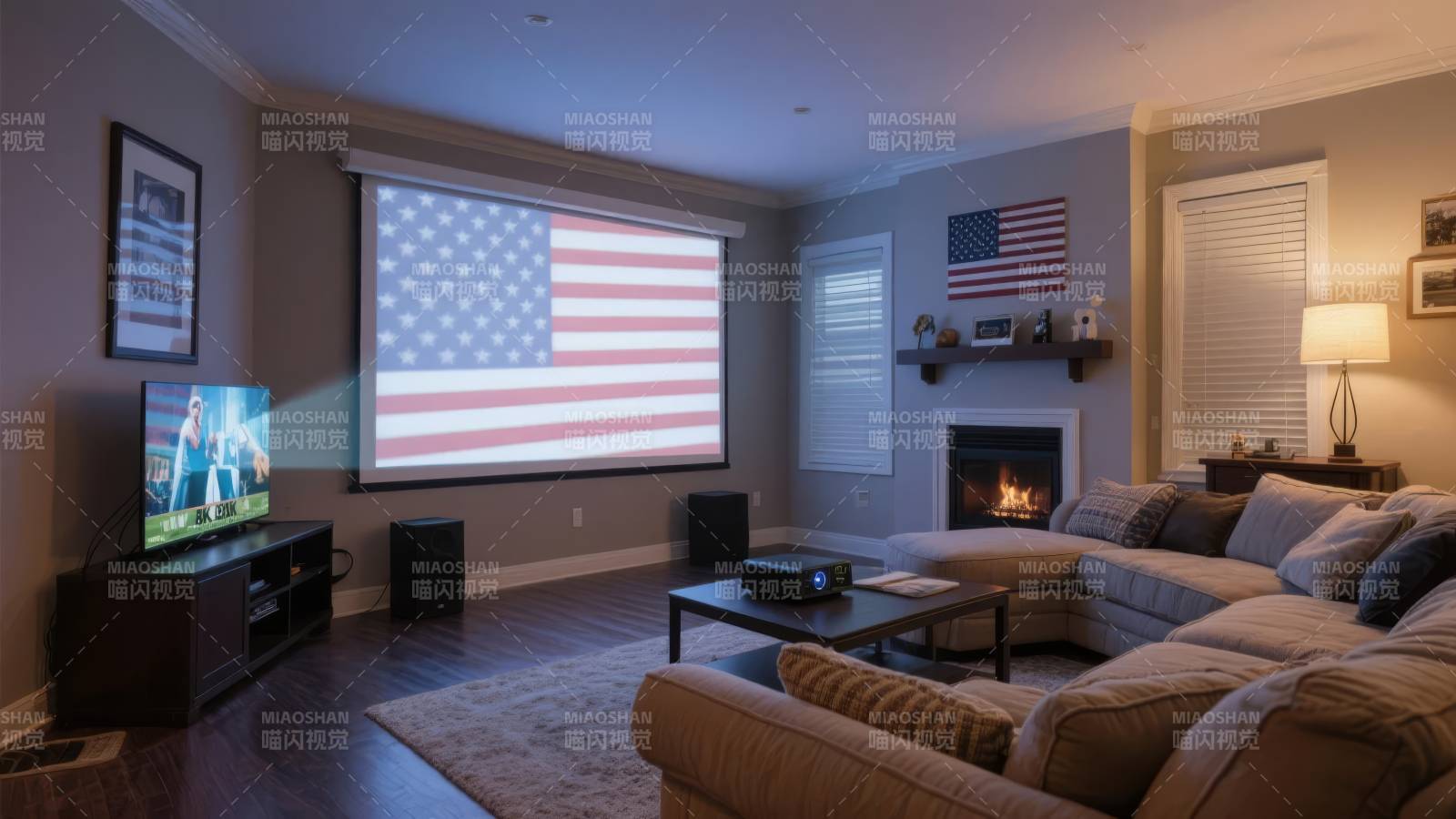 美式客厅投影国旗图片