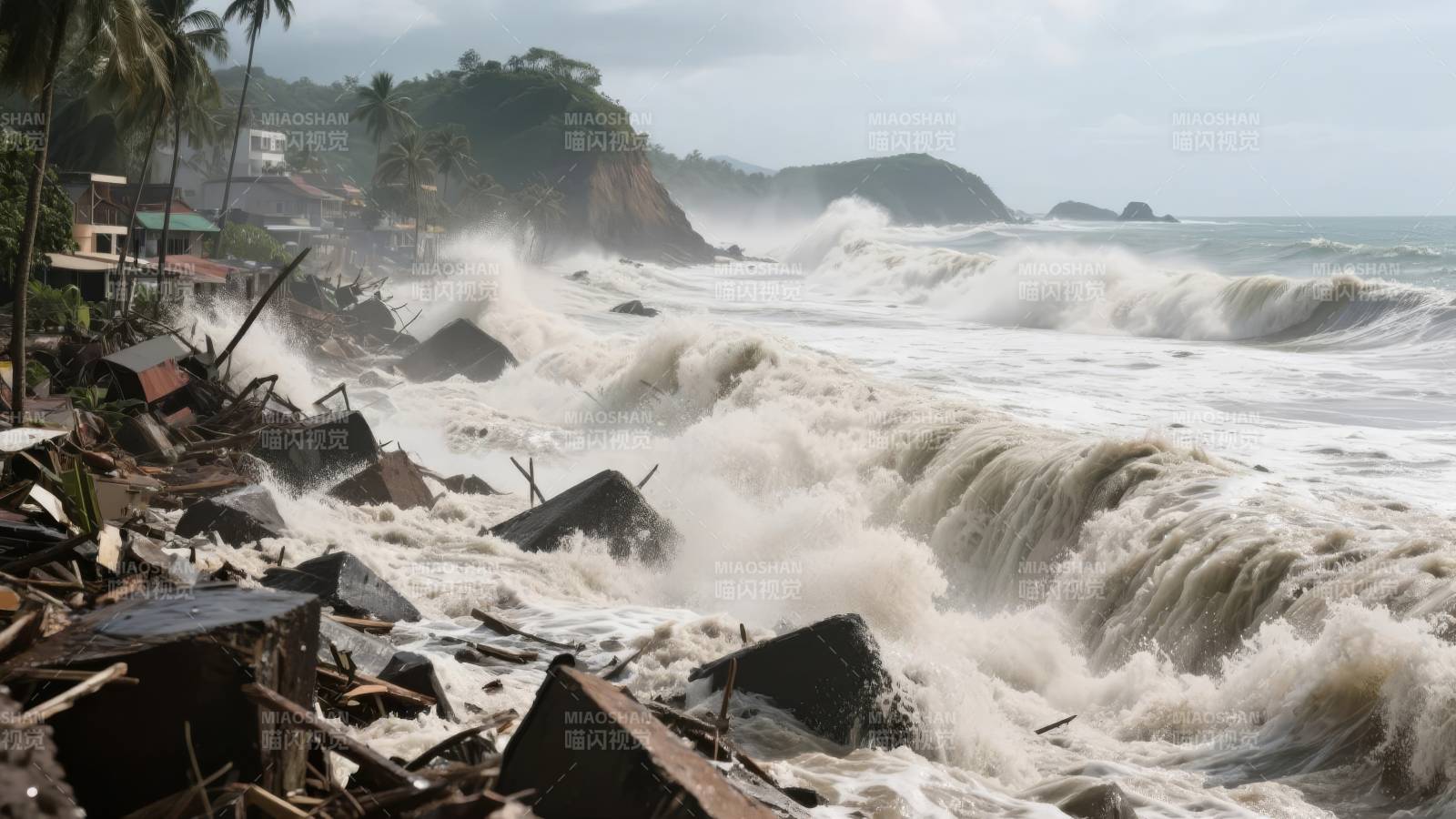 海啸冲击海岸线图片