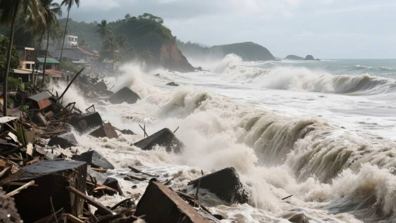 海啸冲击海岸线图片