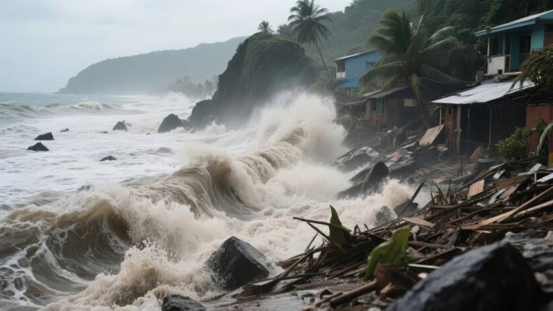 海浪冲击海岸村落图片