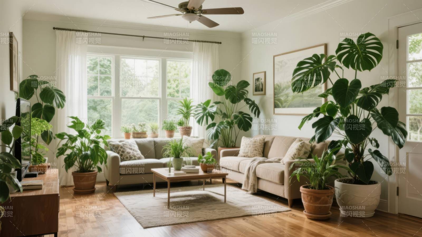 绿植环绕的温馨客厅图片