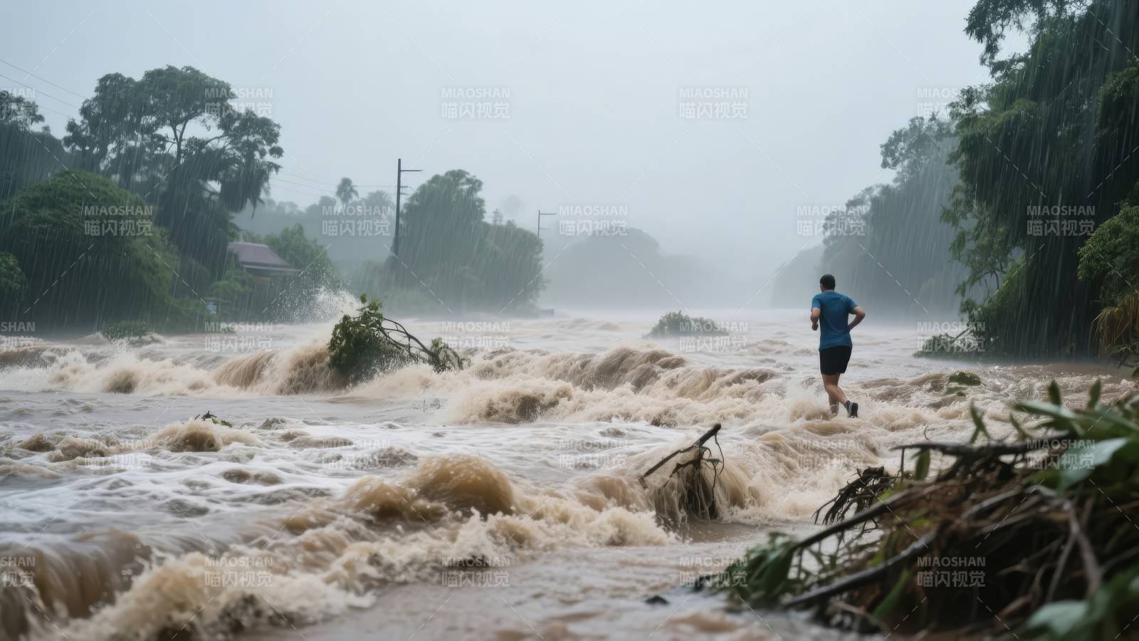 暴雨中奔跑的男子图片