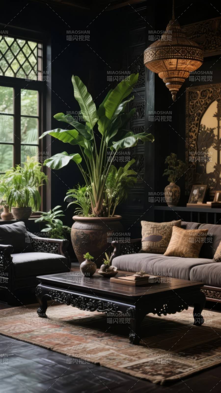 复古客厅绿植点缀图片