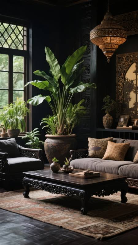 复古客厅绿植点缀图片