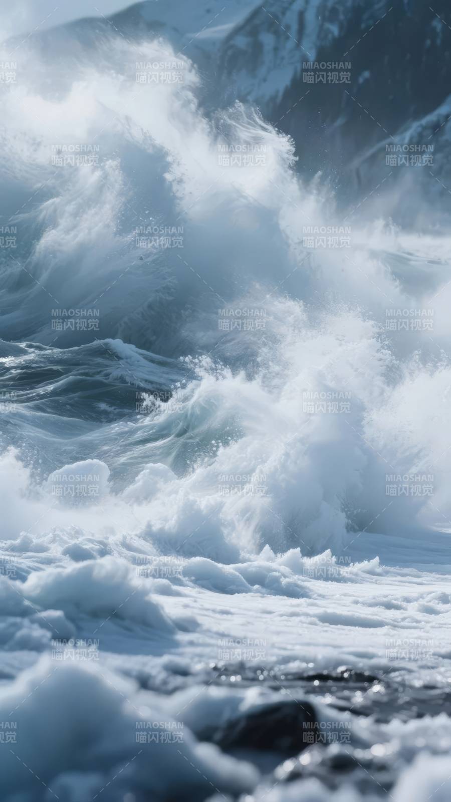 浪涛拍岸 雪峰映衬图片