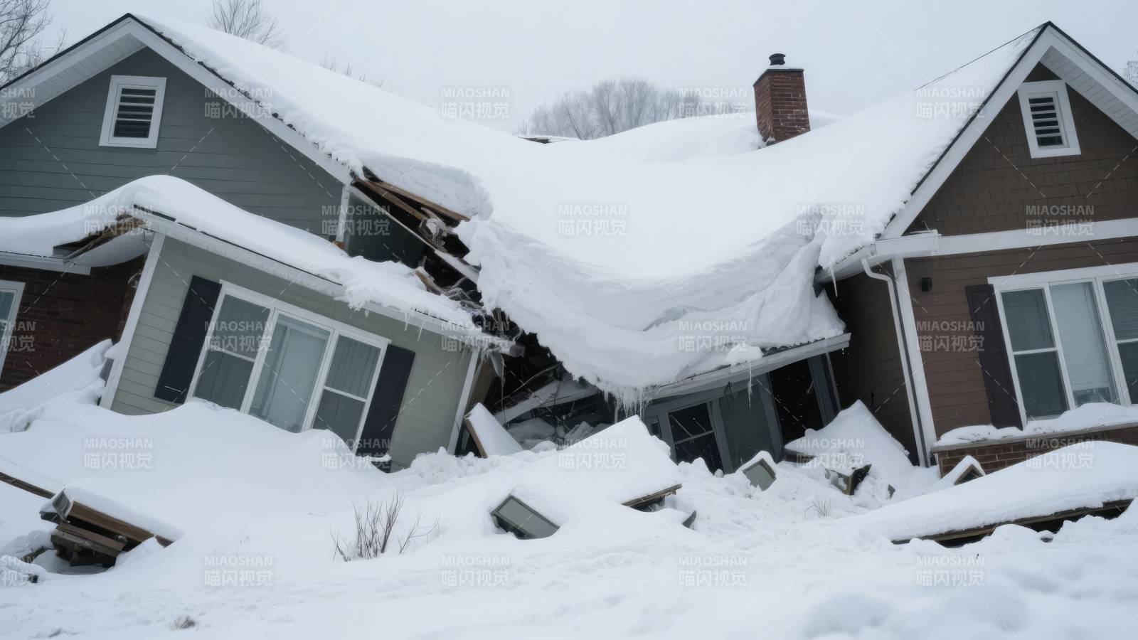雪压屋顶房屋倒塌图片