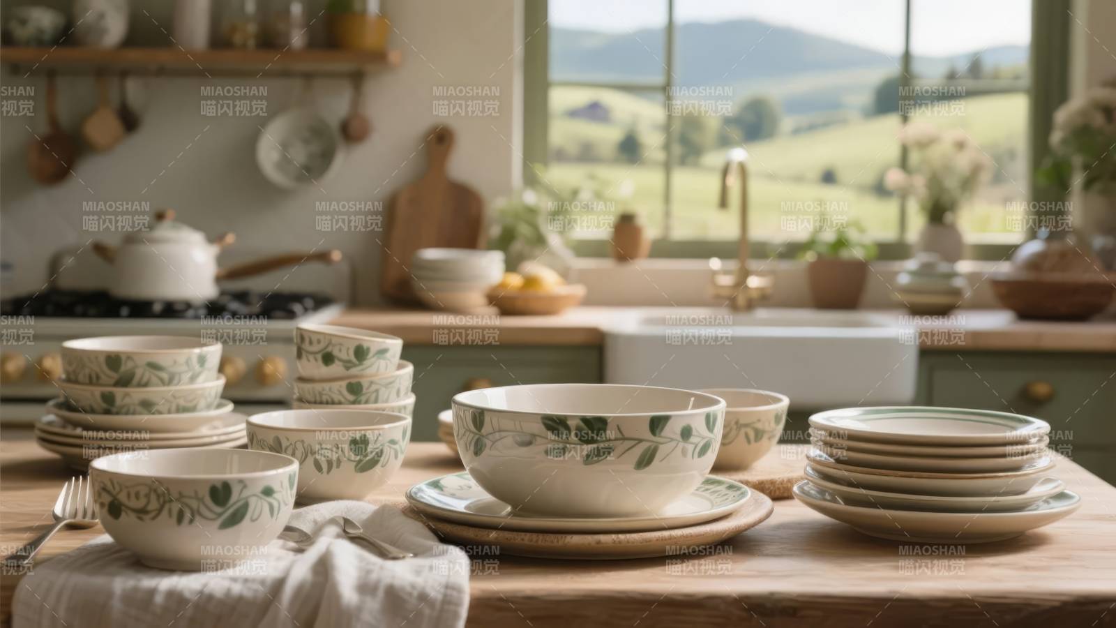 田园厨房餐具摆设图片