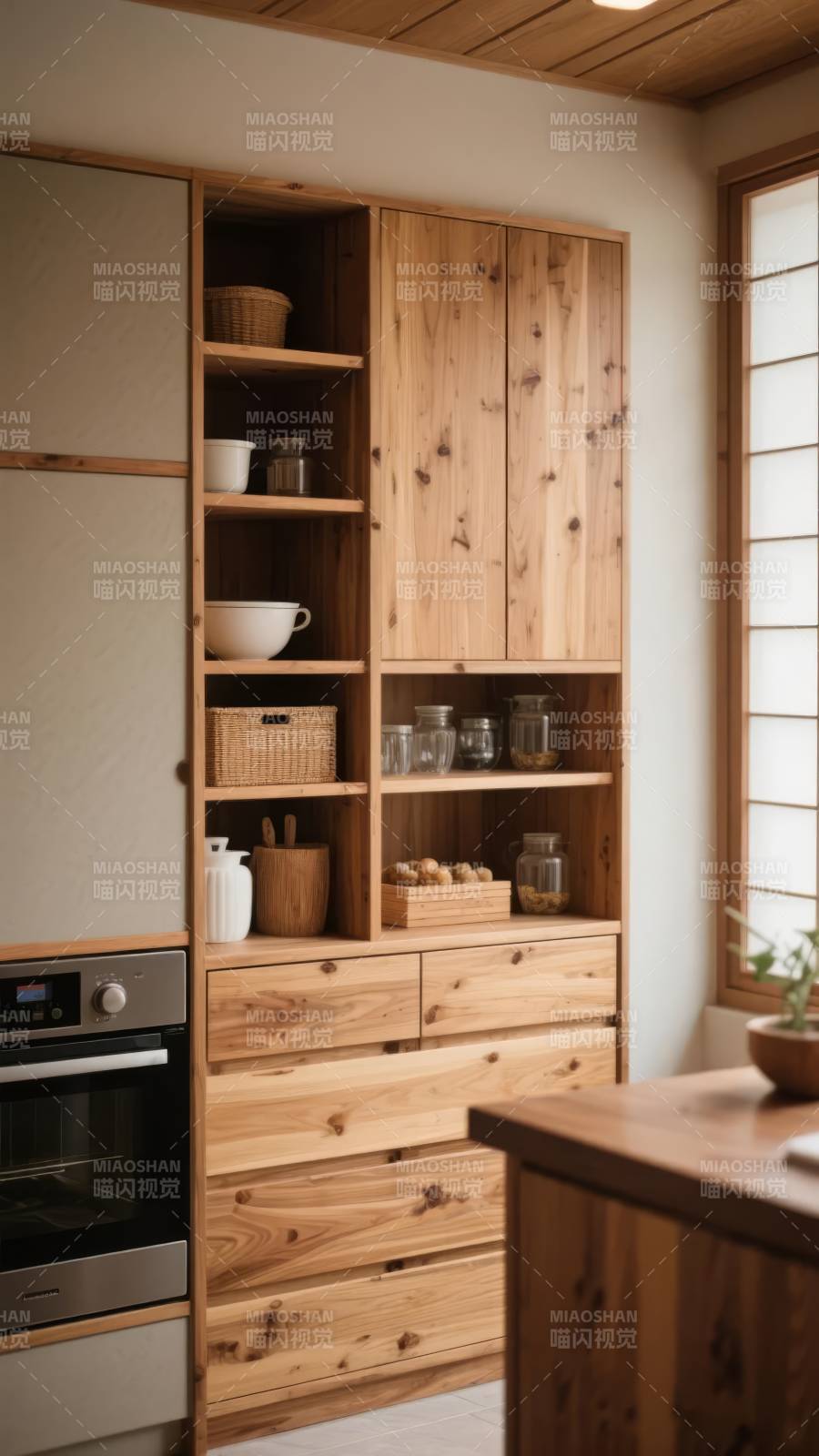 原木风厨房收纳柜图片