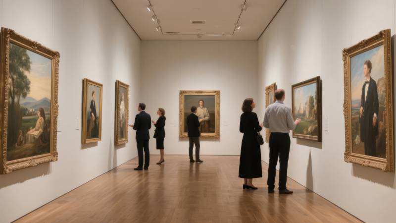 美术馆内观画人影图片