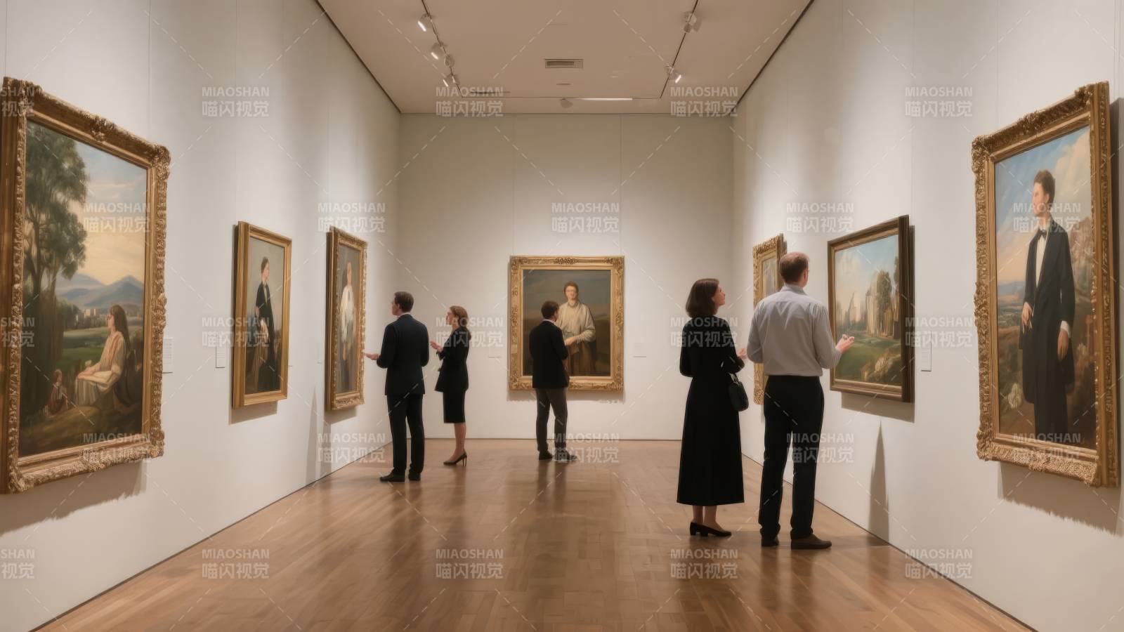 美术馆内观画人影图片