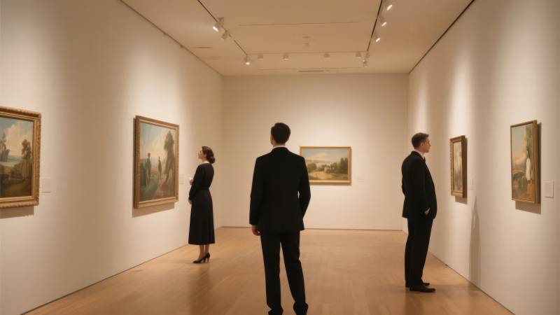 美术馆内观画者图片