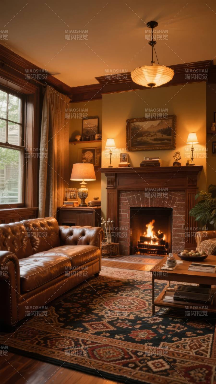 温馨客厅壁炉夜景图片