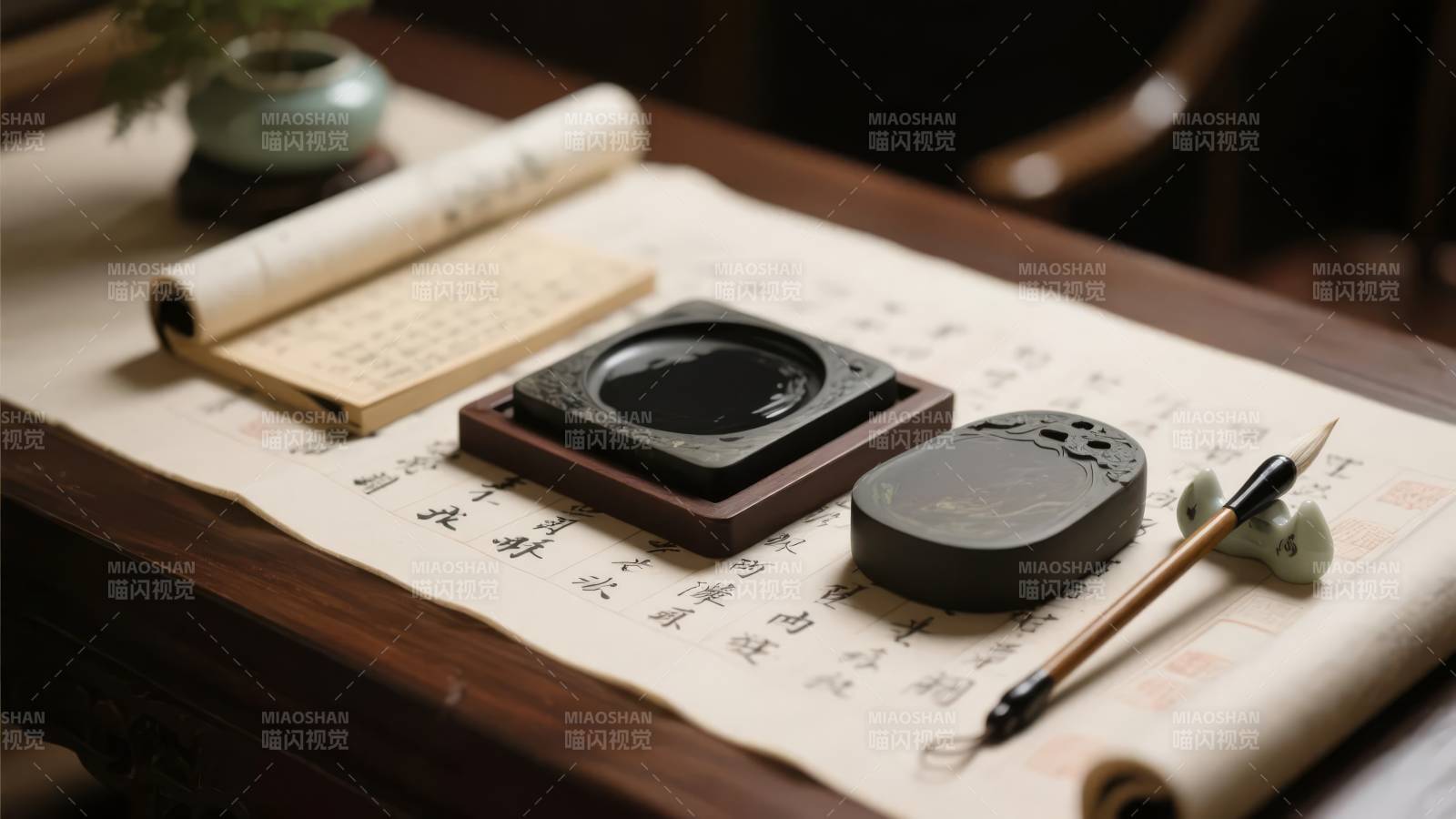 文房四宝静置案上图片