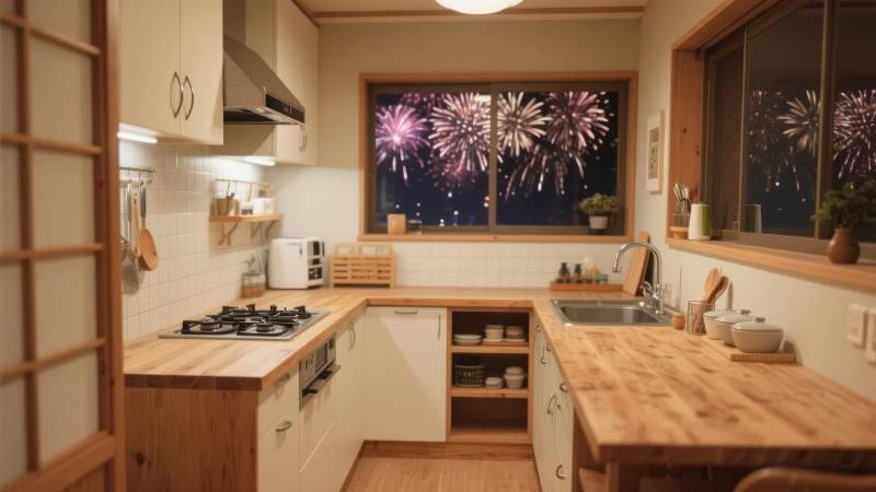 厨房夜景烟花绽放图片