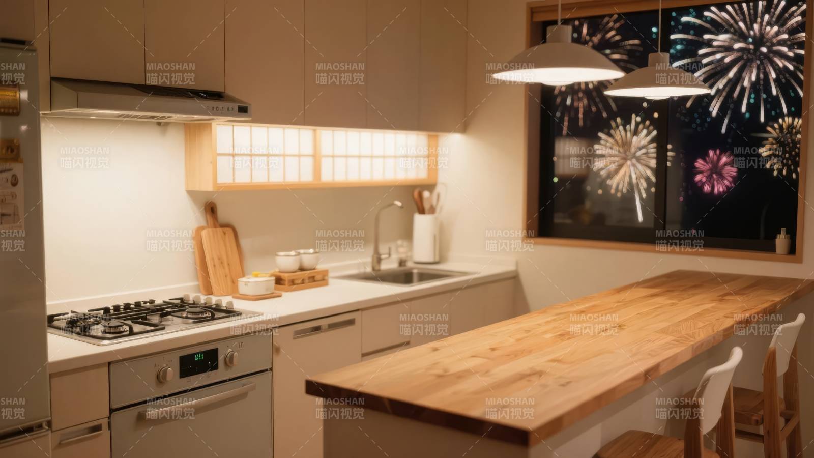 温馨厨房夜景图片