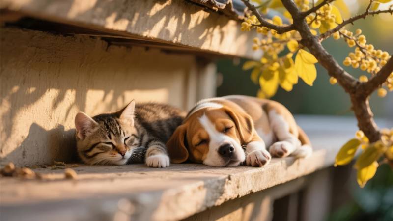 猫狗共眠春日暖图片