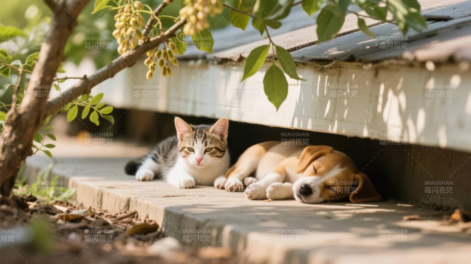 猫狗共眠树荫下图片