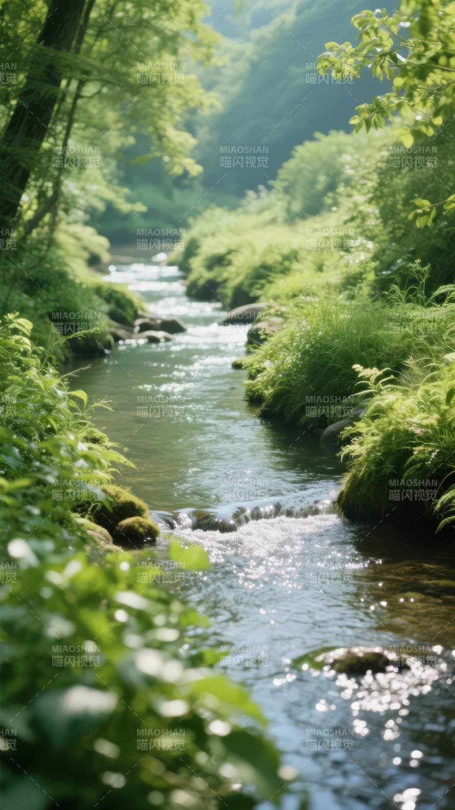 溪流绿意盎然图片