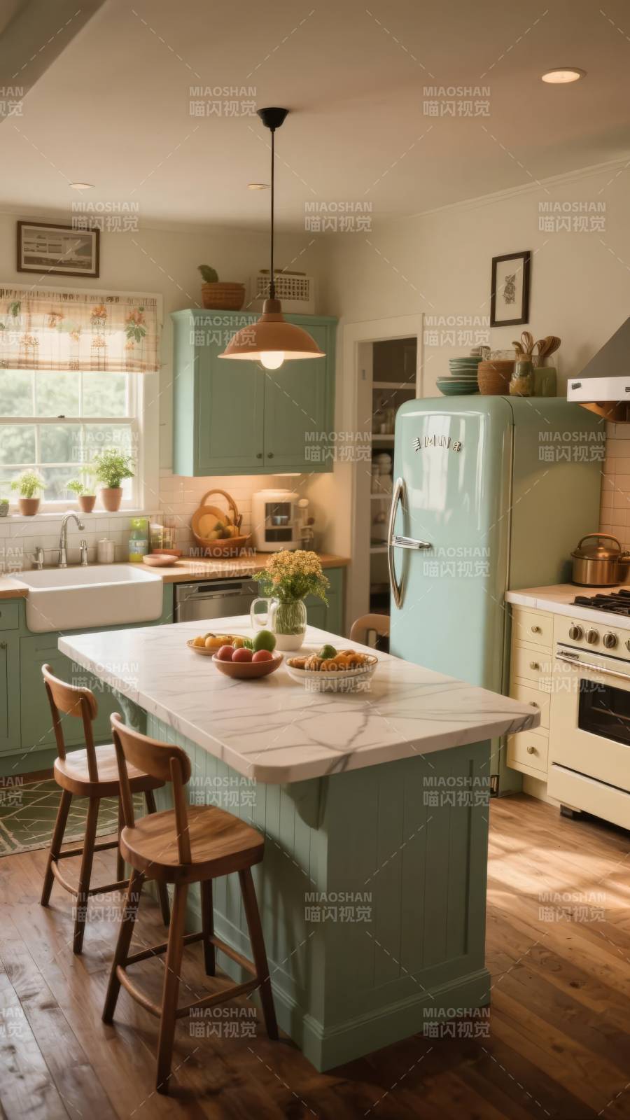 复古绿厨房 温馨雅致图片