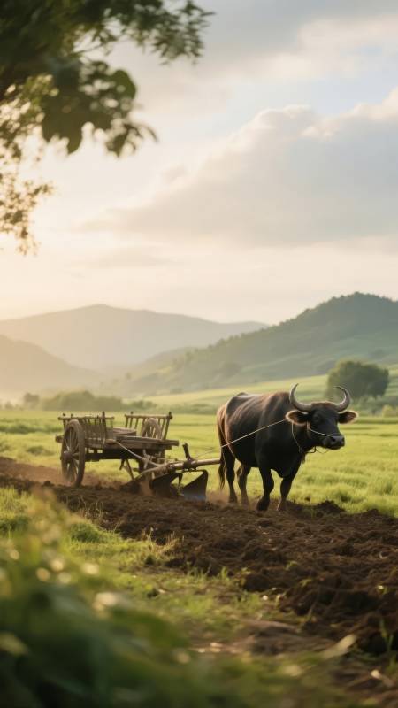牛耕田园晨曦图片