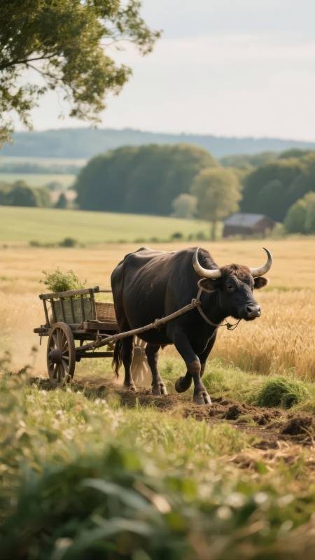 牛拉车行田间图片