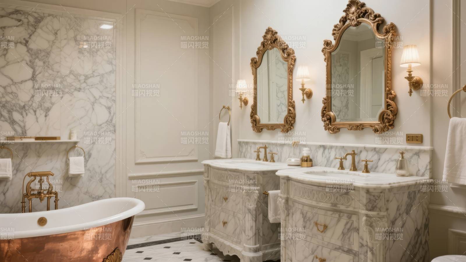 奢华浴室 大理石与铜浴缸图片