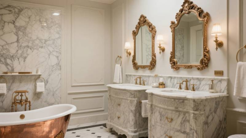 奢华浴室 大理石与铜浴缸图片