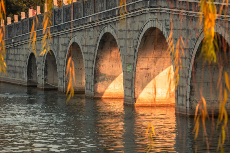 合肥逍遥津桥影映水 柳垂金光图片