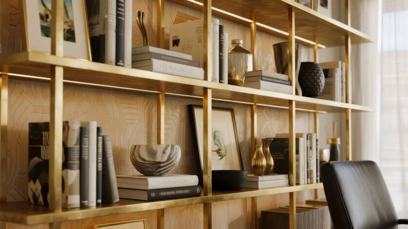 金色书架雅致书房图片