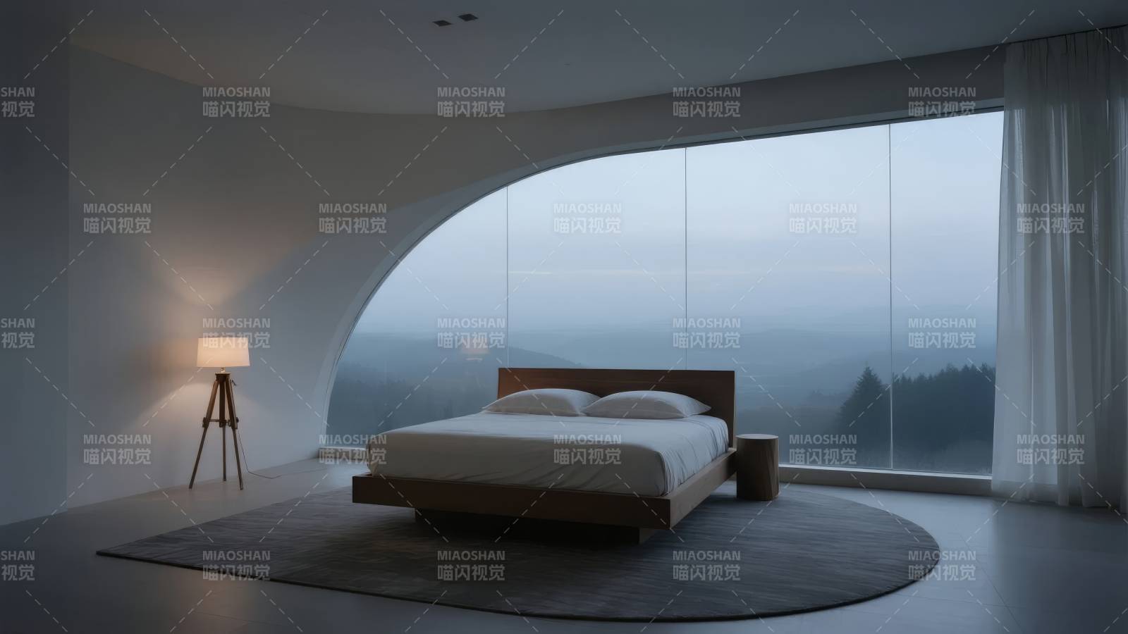 极简卧室 窗外雾景图片